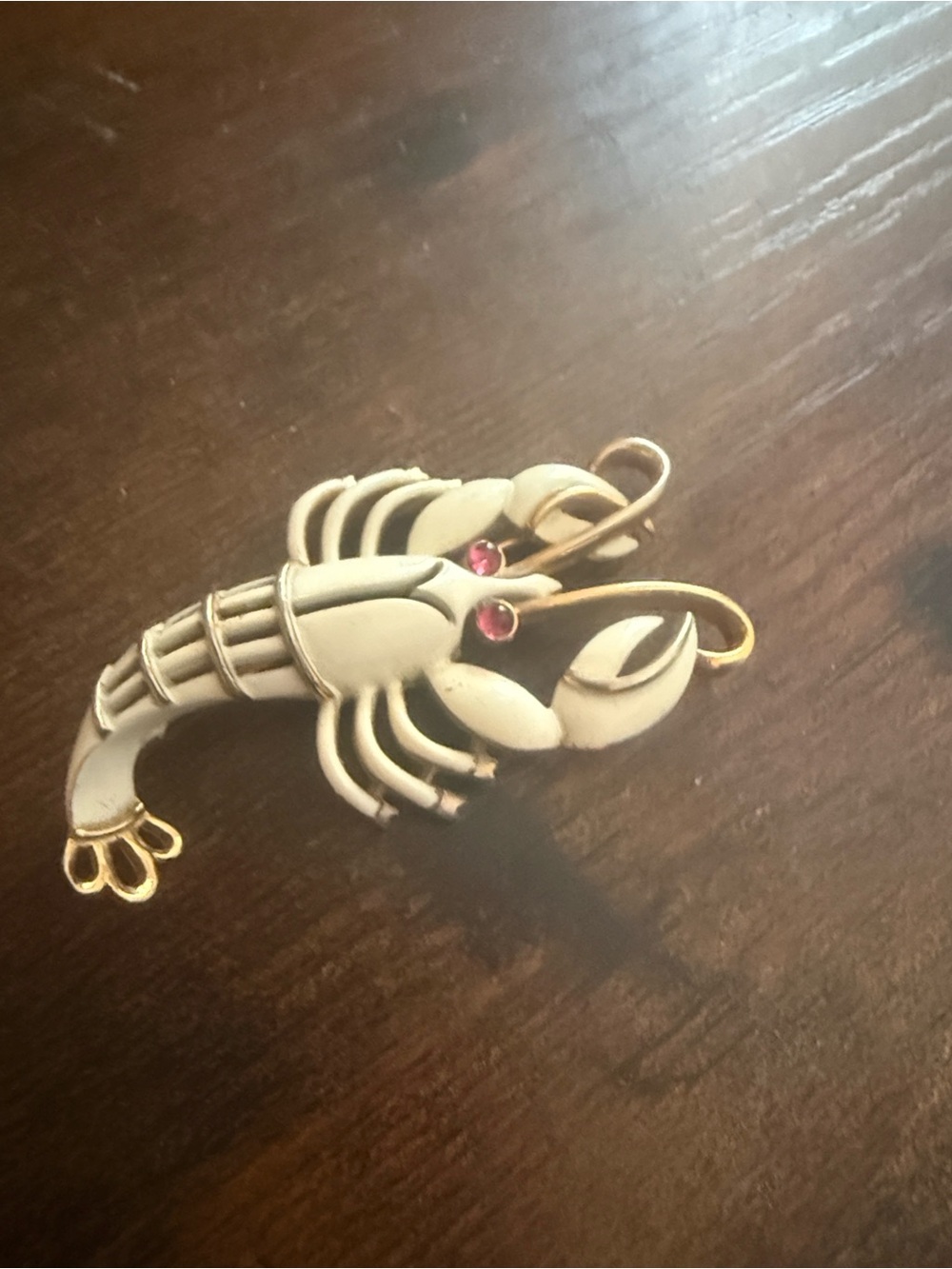Cream and Gold Lobster Brooch with Pink Rhinestone Eyes — Women’s Jewelry